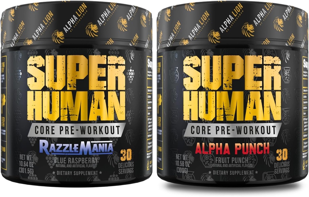 LEONA LION Core Pre Workout Powder Bundle til Pump & Tri- Source Koffein til Vedvarende Energi, Frugt Punch & Blå Raspberry Flavor (30 Servering Hver)