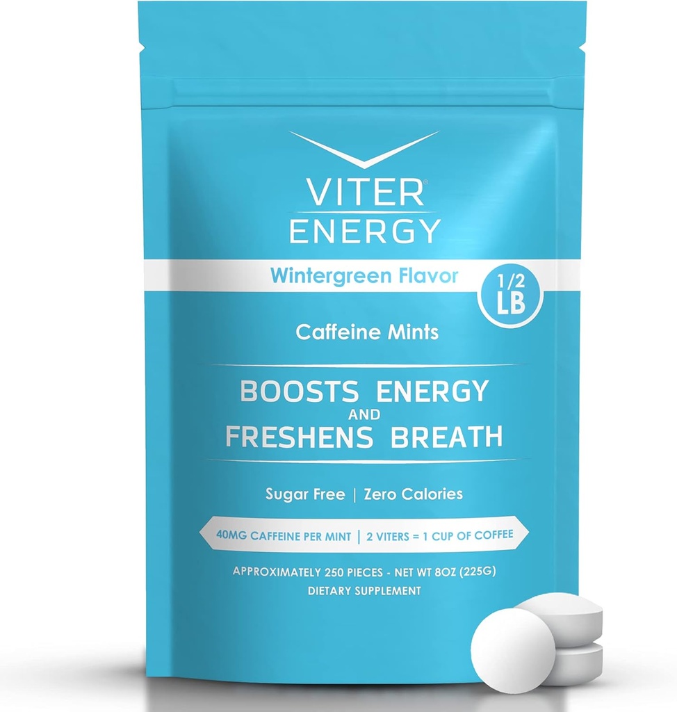 Viter Energy 40mg koffein mints - sukkerfri, B vitaminer, Vegan, øger hurtig energifyldt alarm fokus, kaffe Nootrope supplement piller (Wintergreen Flavor, 8oz, Bulk Bag)