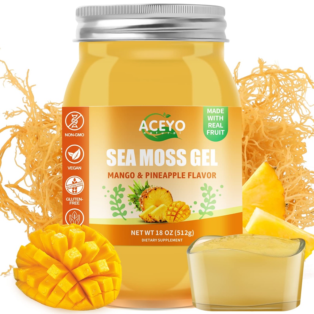 ACEYO (18 OZ) Irish Sea Moss Gel Raw Vegan Mango Pineapple Flavor 102 Vitamin og mineral Wild Harfted Non-GMO