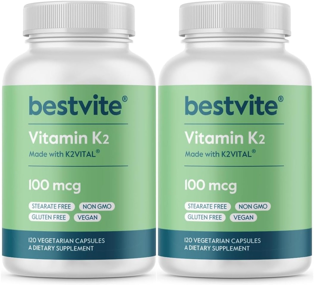 BESTVITE vitamin K2 100 mcg som MK- 7 (240 vegetariske kapsler) (120x2) - Ingen stearater - Vegan - Ikke GMO - Gluten Free