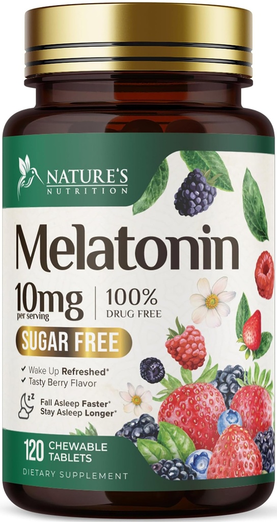 Melatonin 10 mg Fast opløsning, Melatonin Kosttilskud til rolig søvn, Naturlig søvn Support til voksne, Ekstra styrke Strawberry- Flavored Tablets, Sugar Free, 120 Tablets, 120 Day Supply