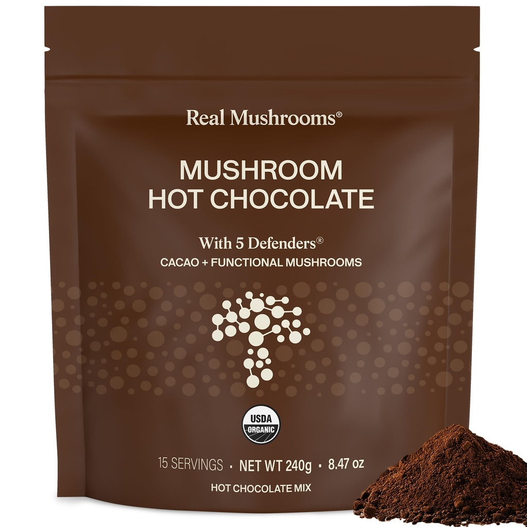 Ægte svampe Økologisk varm chokolade mix med Reishi, Tyrkiet Hale, Chaga, Shiitake, Maitake - Cacao Powder Organic Mushroom- 5 Defenders Mushroom Cacao Powder, Vegan, Gluten- Free, 15 Servere