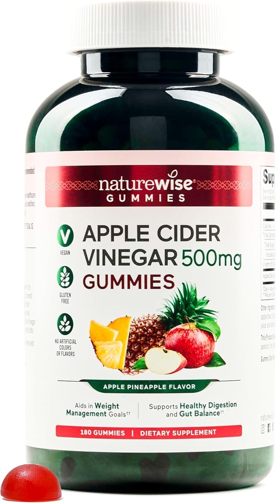 NatureWise Apple Cider Vinegar Gummies - 1000mg ACV per 2 + vitamin B12 - Pectin baseret Vegan, Gluten- fri, Non- GMO - 180 Greve [90- Day Supply for 1000mg eller 6- Month Supply for 500mg]