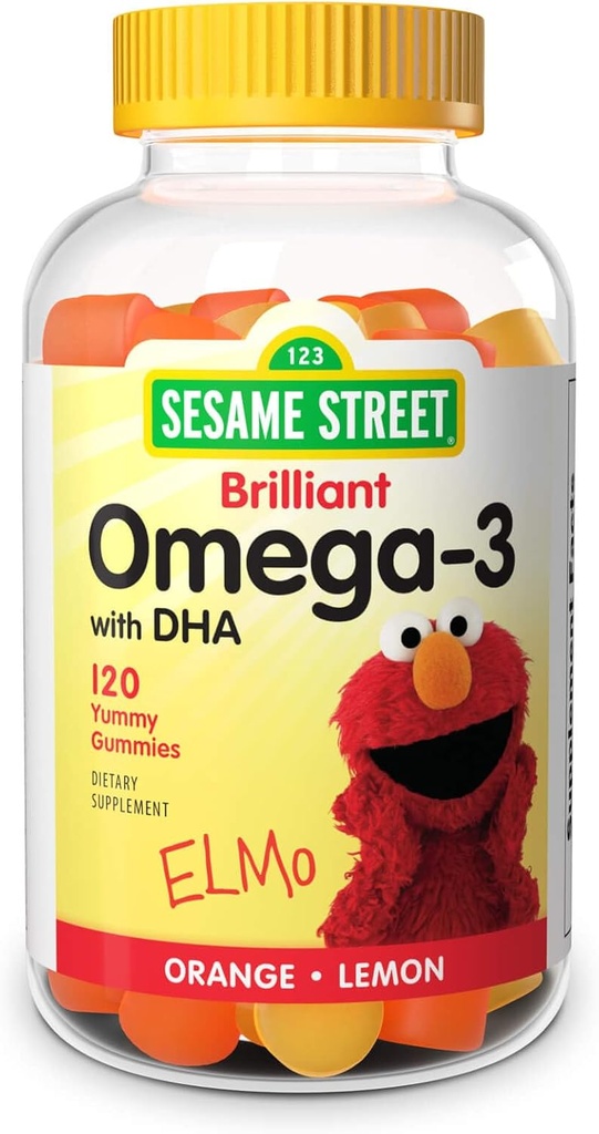 Sesame Street Omega 3 Gummies for Kids, 50 mg Omega-3 per Gummy, 4 Måned Supply, No Fishy Aftersmage, Shellfish Free Supplement, Brain & Eye Support, 120 Gummies