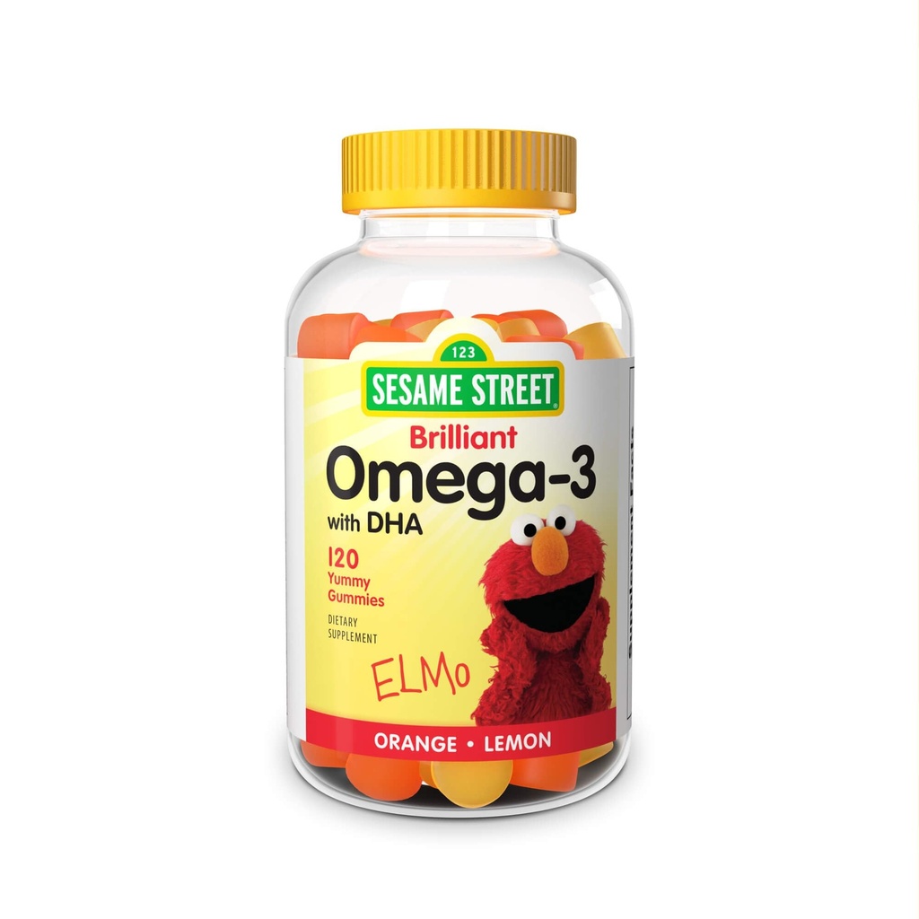 Sesame Street Omega 3 Gummies for Kids, 50 mg Omega-3 per Gummy, 4 Måned Supply, No Fishy Aftersmage, Shellfish Free Supplement, Brain & Eye Support, 120 Gummies
