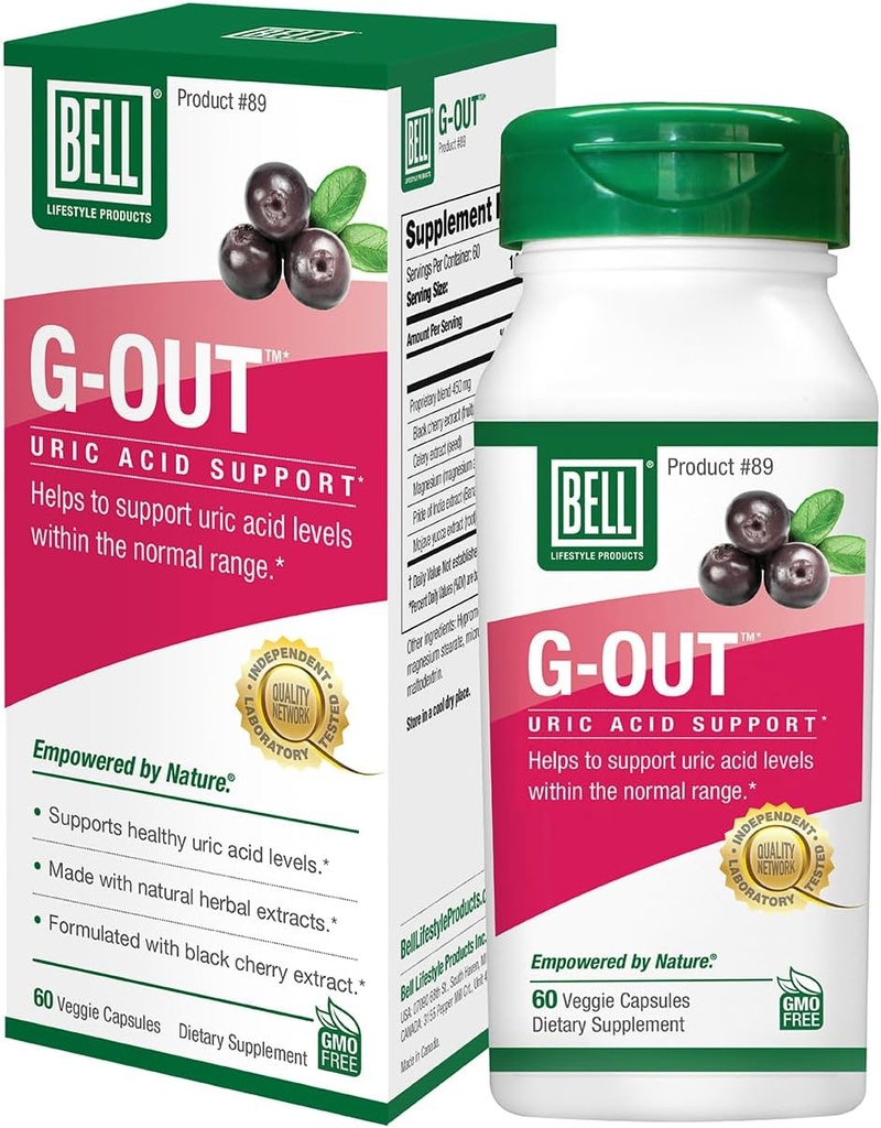 Bell G- Out Uric Acid Cleanse • 124; Anbefalet til Giut - En unik blend af urteudtræk, der hjælper med at vedligeholde Uric Acid Niveauer inden for det normale område, Uric Acid Relief, Uric Acid Flush • 124; 60 kapsler