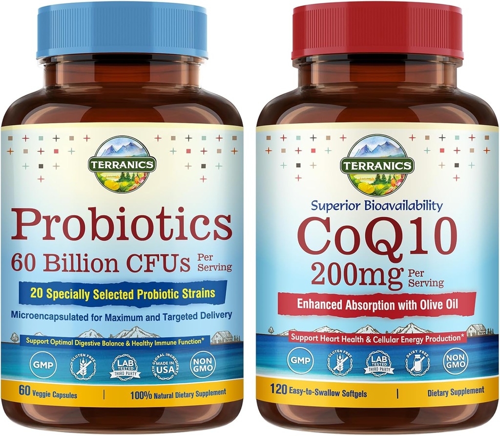 Terranics Probiotika & CoQ10 Bundle, Heart & fordøjelse Health, 60 milliarder Probiotika, Bioactive Coenzym Q10 200mg, Ekstra Virgin Olivenolie, Bundle & Gem