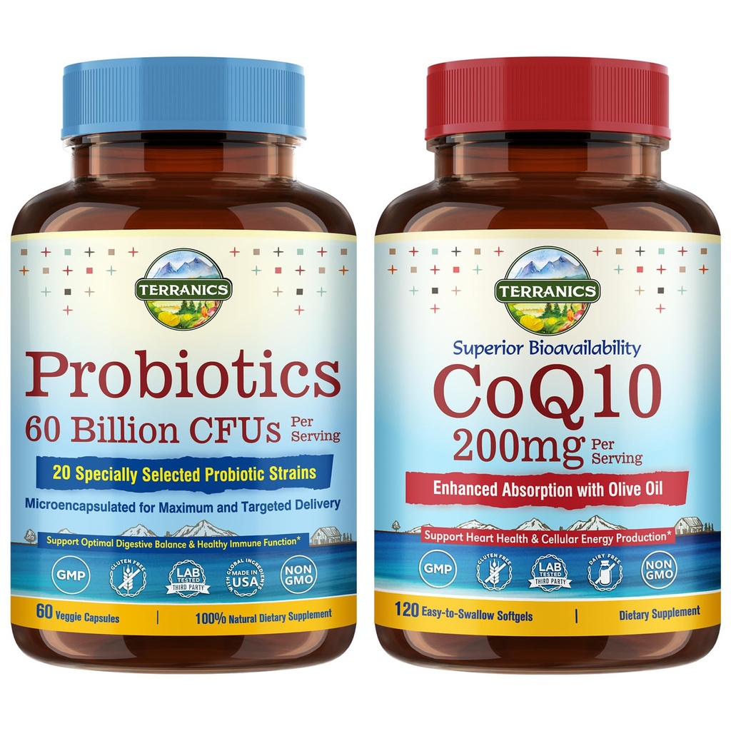 Terranics Probiotika & CoQ10 Bundle, Heart & fordøjelse Health, 60 milliarder Probiotika, Bioactive Coenzym Q10 200mg, Ekstra Virgin Olivenolie, Bundle & Gem