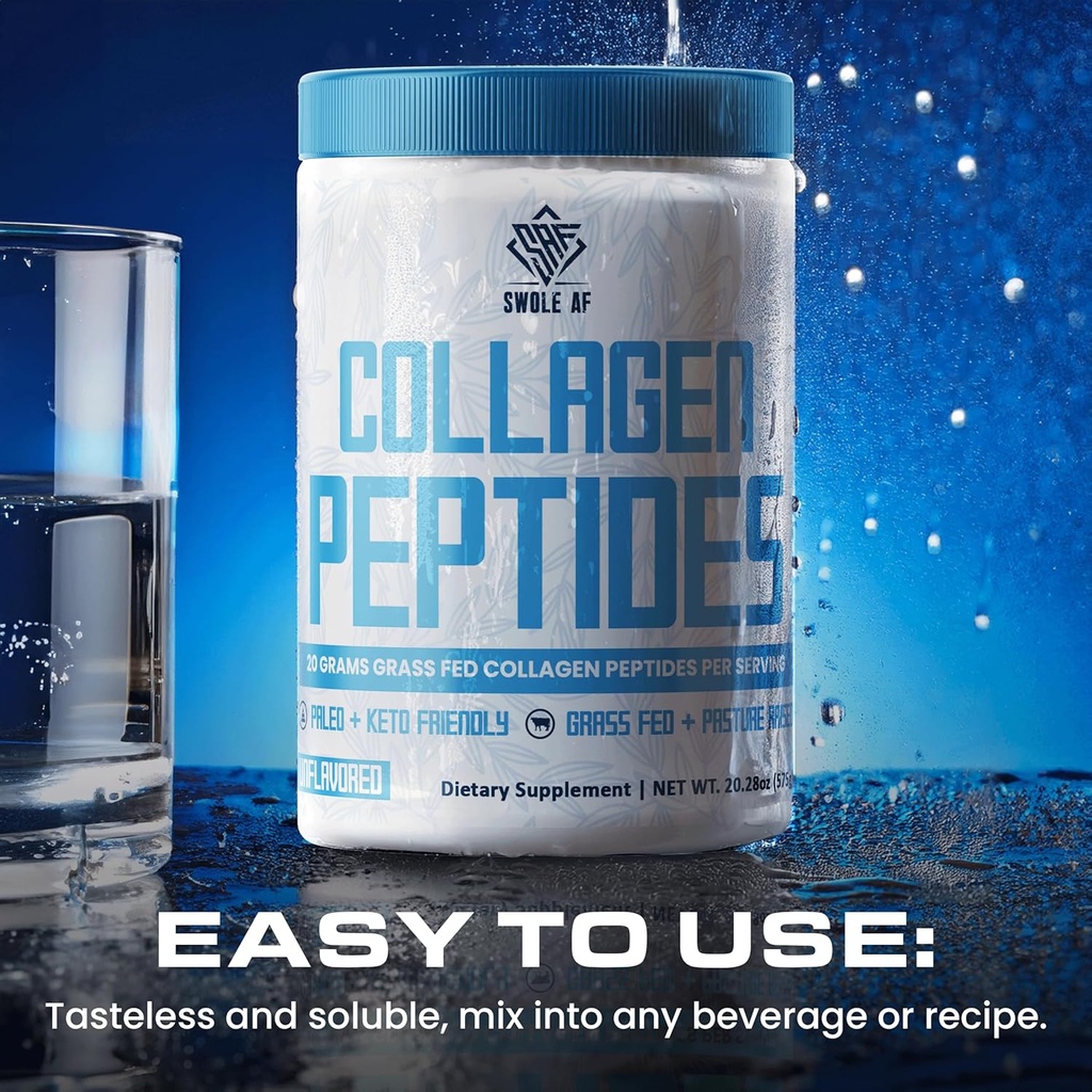 Swole AF Collagen Peptider Mea124; Paleo & Keto Friendly Powder Measures 124; Unflavored Kosttilskud til ungdommelig stråling, fælles støtte, Hår & Nail Styrke, Gut sundhed