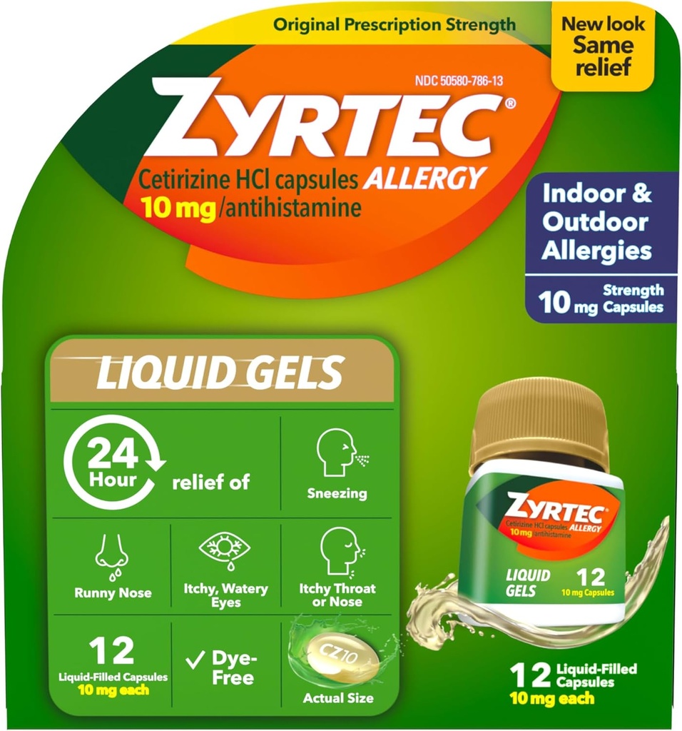 Zyrtec 24 timers Allergi Relief Flydende Gels, Antihistamin Kapsler med Cetirizin HCl Allergi Medicin for All- Day Relief fra Runny Næse, Nysen, Itchy Eyes & mere, 12 Tæl