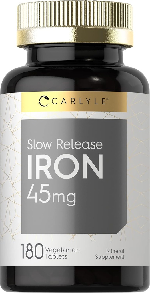 Carlyle Slow Release Iron 45 mg • 124; 180 tabletter • 124; Ferrosulfat Mineral Supplement • 124; for mænd & kvinder • 124; Vegetar, ikke-GMO, og Gluten Free Formel