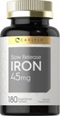 Carlyle Slow Release Iron 45 mg • 124; 180 tabletter • 124; Ferrosulfat Mineral Supplement • 124; for mænd & kvinder • 124; Vegetar, ikke-GMO, og Gluten Free Formel