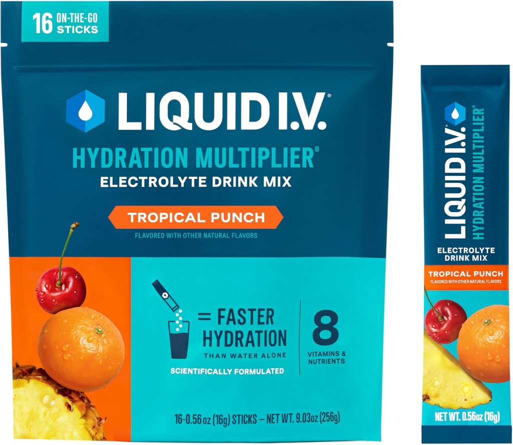 Flydende I.V. ® Hydration Multiplier ® - Tropical Punch - Hydration Powder Packets - 124; Elektrolyte Powder Drink Mix 124; Praktisk Single-Serving Sticks - 124; Non- GMO Medic124; 16 Servering (pakke med 12)