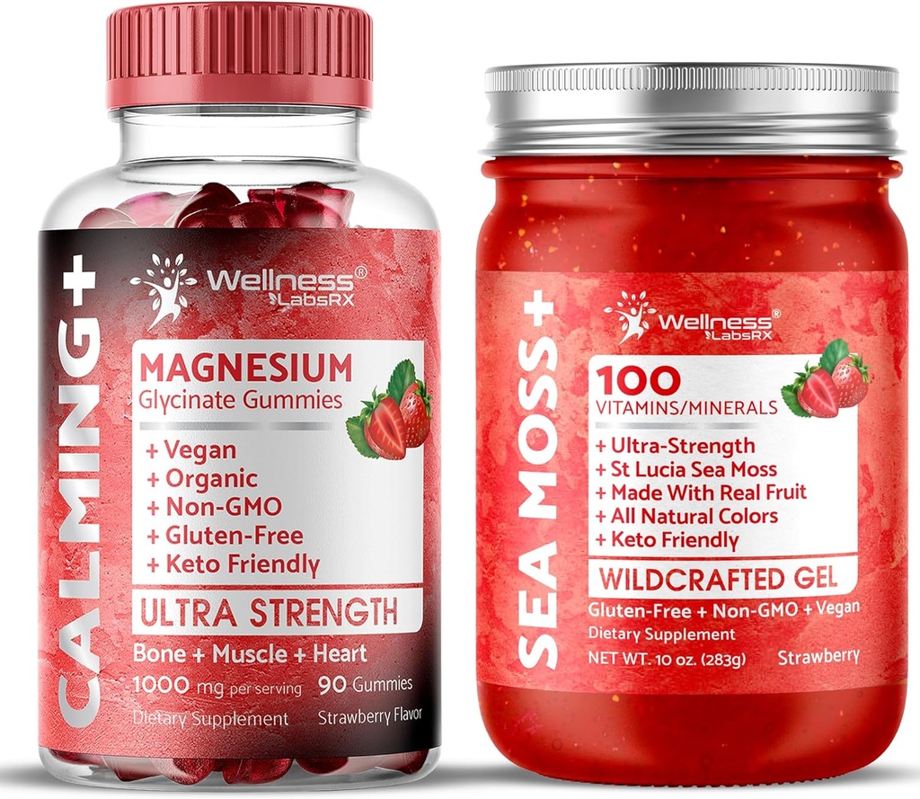 WELLENess LALSRX Irish Sea Moss Gel Strawberry Flavor - Magnesium Glycinate Gummies 1000mg