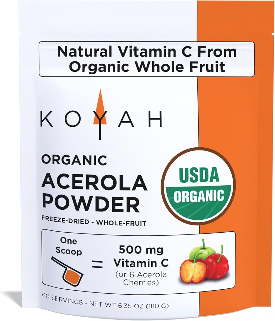 KOYAH - Økologisk Acerola Pulver: Frysetørret, 100% Ren, 500 mg naturlige C-vitamin per Scoop, Whole- Food, Non- GMO, Vegan, 60 Servering, Lavet af acerola Kirsebær dyrket i Brasilien