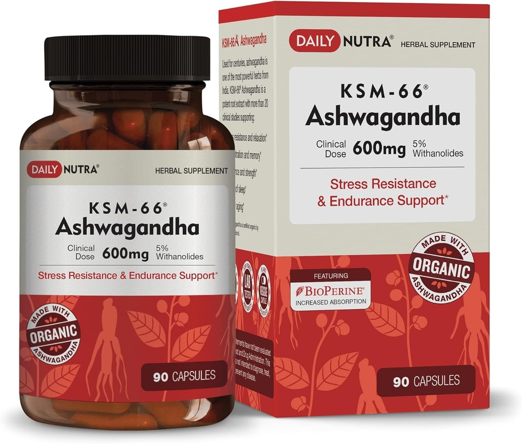 DailyNutra KSM- 66 Ashwagandha 600mg Organic Root Extract - High Potency Supplement med 5% Chalanolides C124; Relieves Træthed, Understøtter Afslapning, Fokus, Energi, & Muscle Growth (90 Kapsler)
