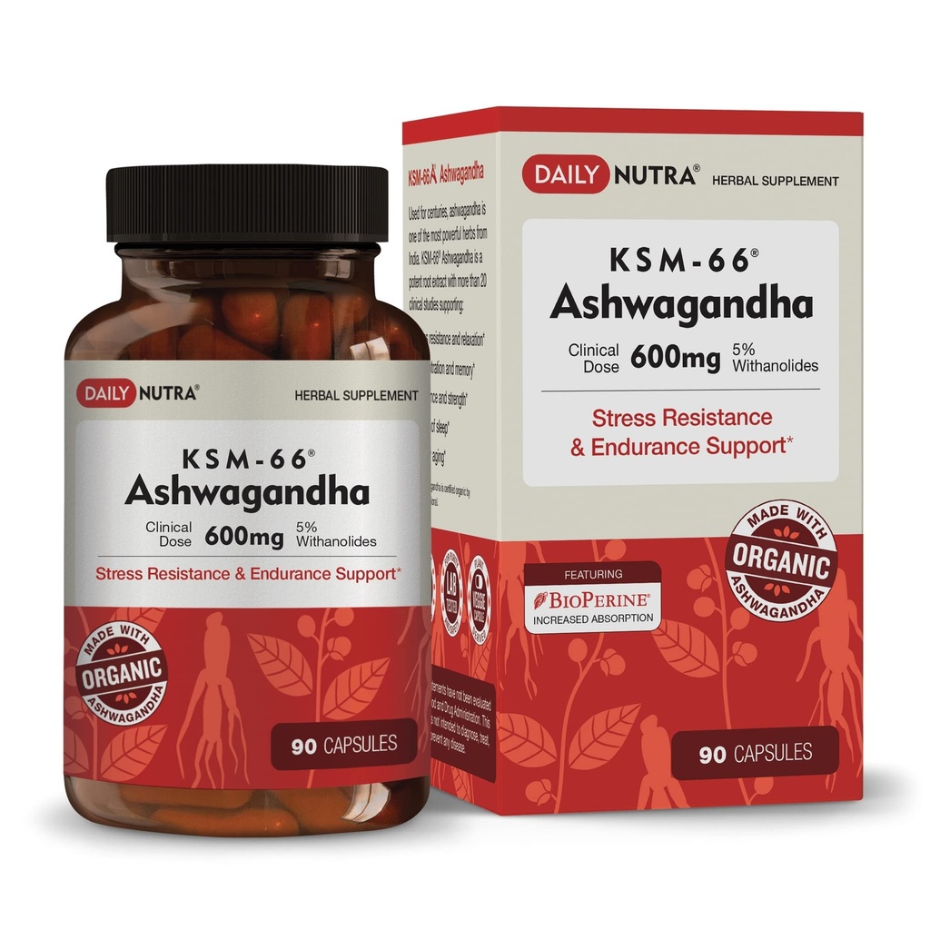 DailyNutra KSM- 66 Ashwagandha 600mg Organic Root Extract - High Potency Supplement med 5% Chalanolides C124; Relieves Træthed, Understøtter Afslapning, Fokus, Energi, & Muscle Growth (90 Kapsler)