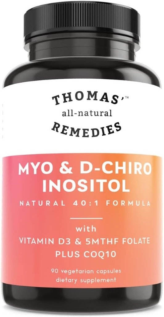 Thomas 'all- Natural Remedies Myo Inositol Supplement & D- Chiro Inositol Blend Supplement med Folate og vitamin D3, 40 til 1 Ratio, Non- GMO, Ingen Fillers, CoQ10, 90 Vegankapsler