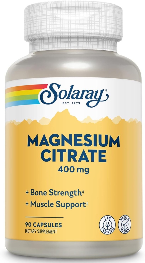 Solaray Magnesium Citrate - Pure Magnesium Citrate Capsules, Supplement for Calm, Bone Health, Cellular Energy, Heart & Muscle Support, 400mg Per Serving - 90 Vegan Capsules (pakke med 2)