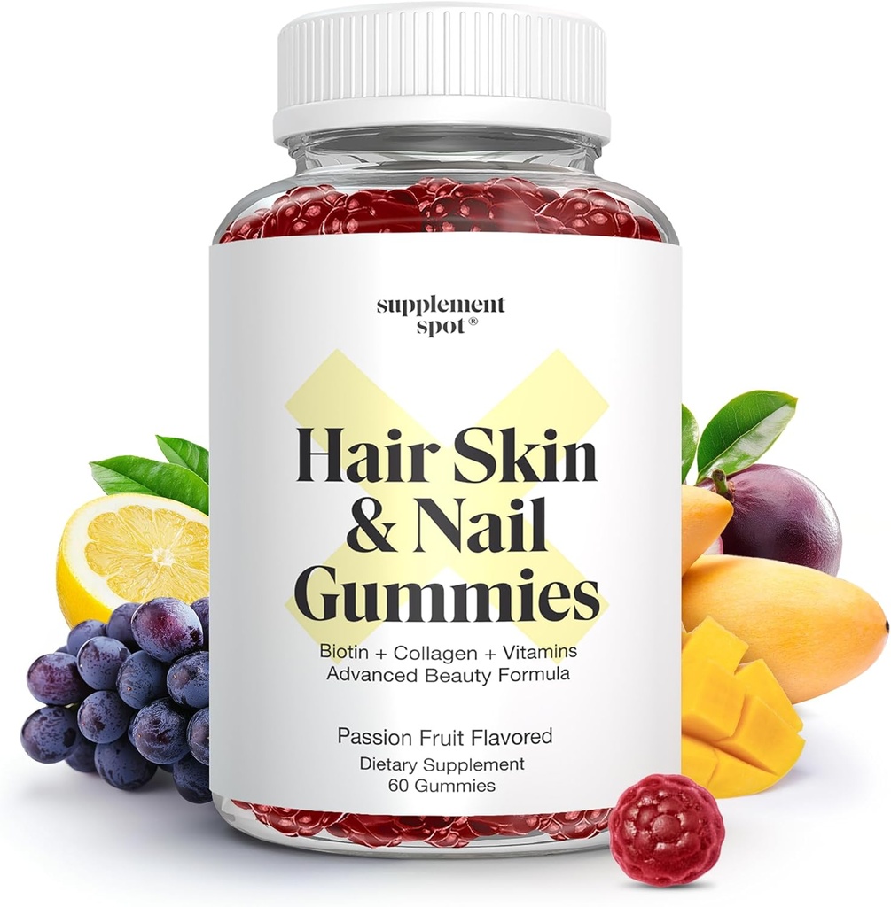 Hår Hud og negle Vitaminer, 6000 mcg Biotin Gummies w / Collagen, Passion Fruit Smaged Hår Vitaminer, Gluten Free Collagen Kosttilskud (60 Tæl)