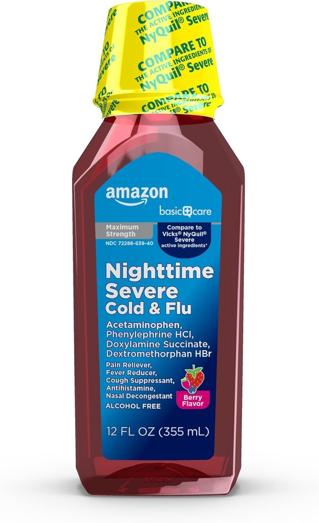 Basic Care Nighttime Svær kold og influenza Syrup, Max Strength Liquid Medicine, Multi- symptom Relief, for voksne og børn 12 år og ældre, blandet berry flavor, 12 fl oz (pakke med 1)