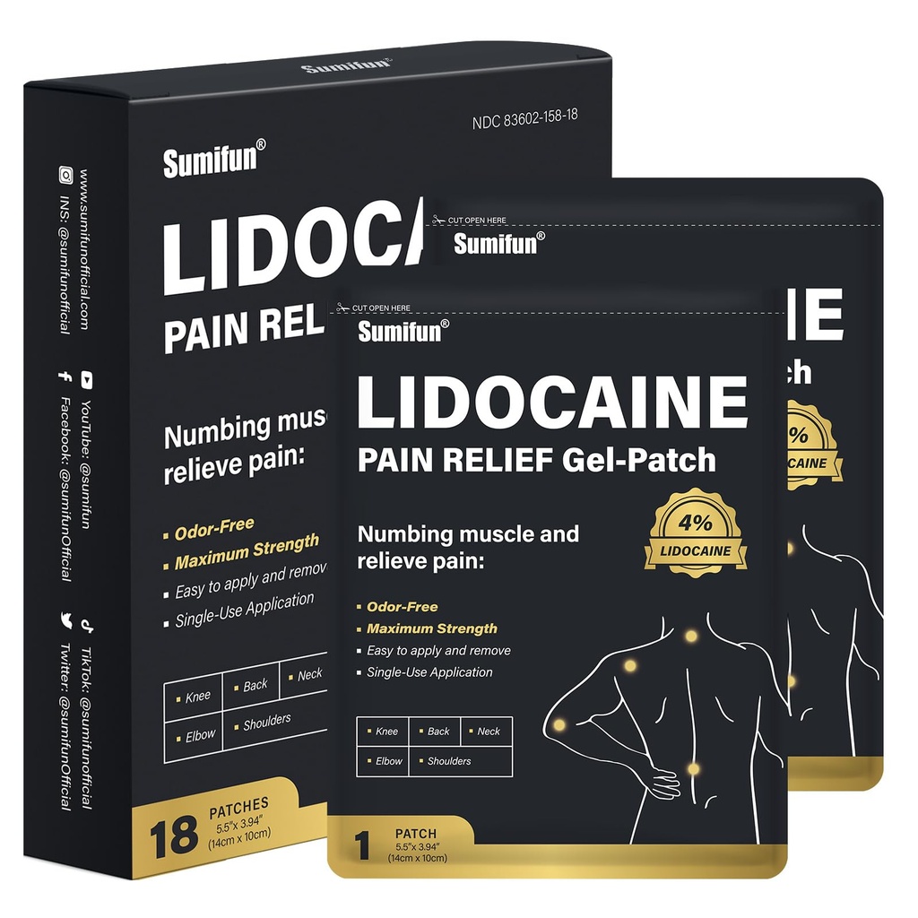 Sumifun 4% Lidocain Patches, 18 Count Long Lasting Plaster Patch for Knee, Shoulder, Muscle, Joints med naturlige ingredienser, udvidet Patch med Lidocain FSA eller HSA berettiget