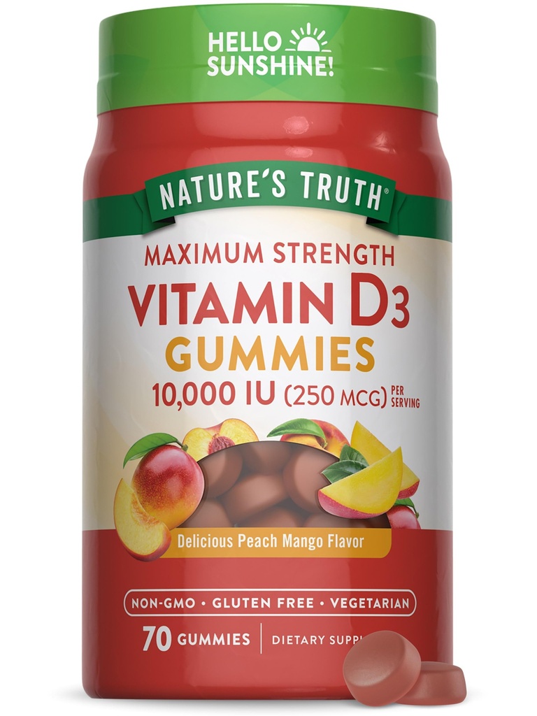Nature 's Truth Vitamin D3 Gummies against 124; 10000 IE against 124; 70 Greve 124; Peach Mango Flavor against 124; Vegetar, Non- GMO & Gluten Free Supplement