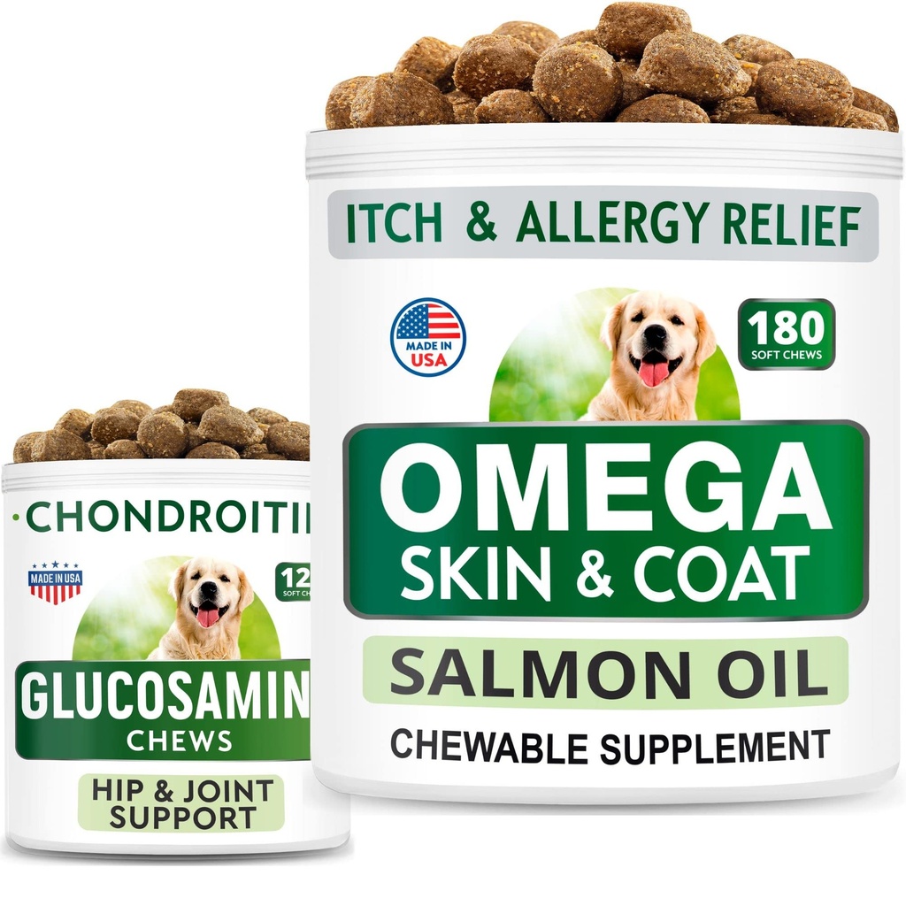 BARK & SPARK Glucosamine Hund Treats + Omega 3 for hunde Bundle - Hip Support og fælles smertestillende supplement + Fish Oil Chews for Shedding, hudallergi, Itch Relief, Hud og Coat Supplement