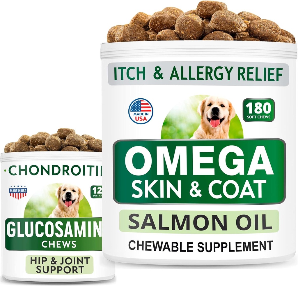 BARK & SPARK Glucosamine Hund Treats + Omega 3 for hunde Bundle - Hip Support og fælles smertestillende supplement + Fish Oil Chews for Shedding, hudallergi, Itch Relief, Hud og Coat Supplement