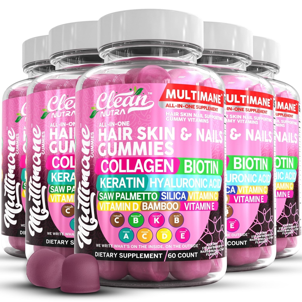 Multimane collagen gummier med biotin Keratin Hyaluronsyre Bambus Vitamin A C vitamin D Vitamin E Folat Saw Palmetto Silica B3 Vitaminer Hår Hud og negle Gummier af Clean Nutra