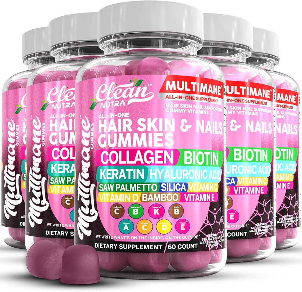 Multimane collagen gummier med biotin Keratin Hyaluronsyre Bambus Vitamin A C vitamin D Vitamin E Folat Saw Palmetto Silica B3 Vitaminer Hår Hud og negle Gummier af Clean Nutra