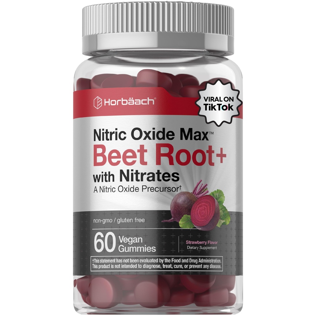 Horbäach Nitroxide Beet Root Gummies Note 124; 60 Greve Note 124; med Nitrater Note 124; Strawberry Flavor Dex124; Vegan, Non- GMO, Gluten Free Supplement