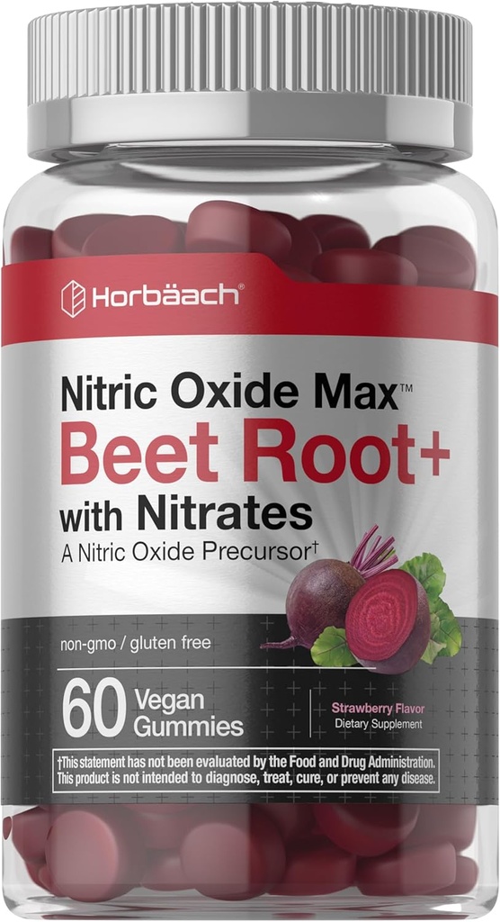 Horbäach Nitroxide Beet Root Gummies Note 124; 60 Greve Note 124; med Nitrater Note 124; Strawberry Flavor Dex124; Vegan, Non- GMO, Gluten Free Supplement