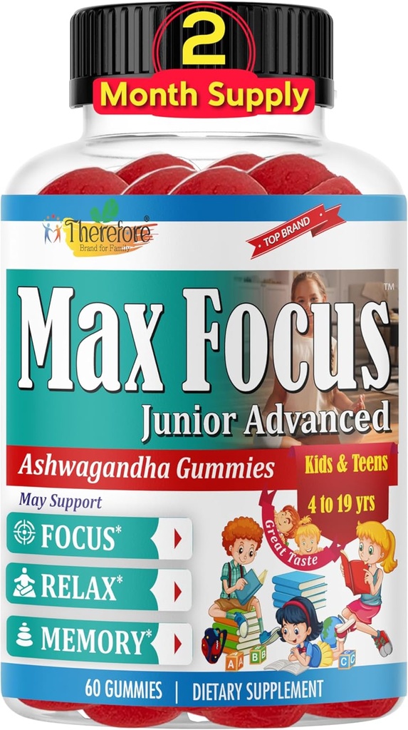 Max Focus Junior - Kids Focus & Calm Gummies against 124; Calming & Opmærksomhed Support for Kids & Teens med Ashwagandha against 124; Brain Vitummines against 124; Vegan, Non- GMO, 60 Gummies