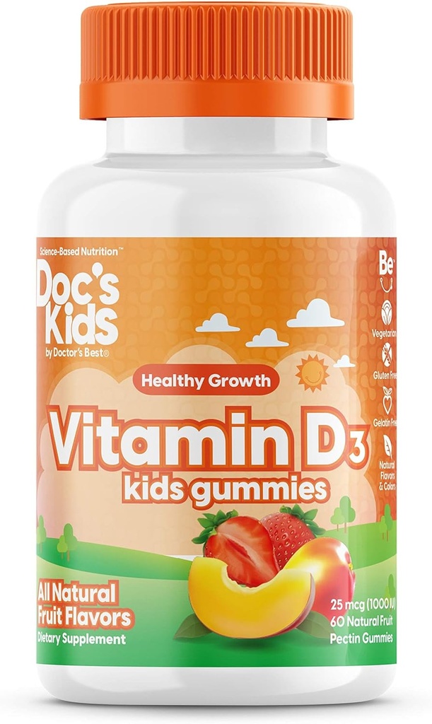 Doctor 's Best Doc' s Kids Children 's Vitamin D3 Gummies 1000iu, Understøtter sunde knogler & tænder, immunforsvar, Calcium Absorption, 60 Greve