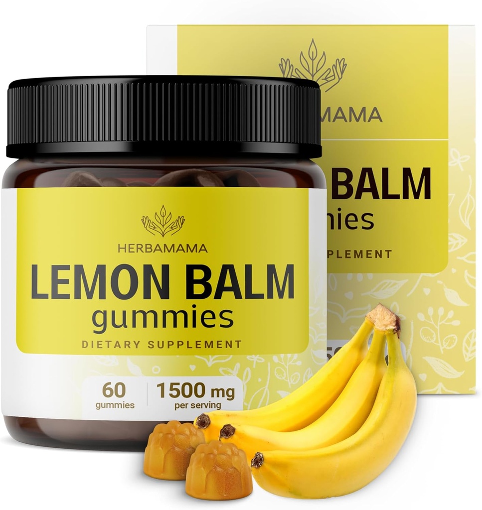 HERBAMAMA Lemon Balm Calming Gummies - 1500mg Lemon Balm Leaf til afslapning - Vegan Non- GMO Melissa Officinalis Supplement - 60 pectin- based banana-smag tyggegummi