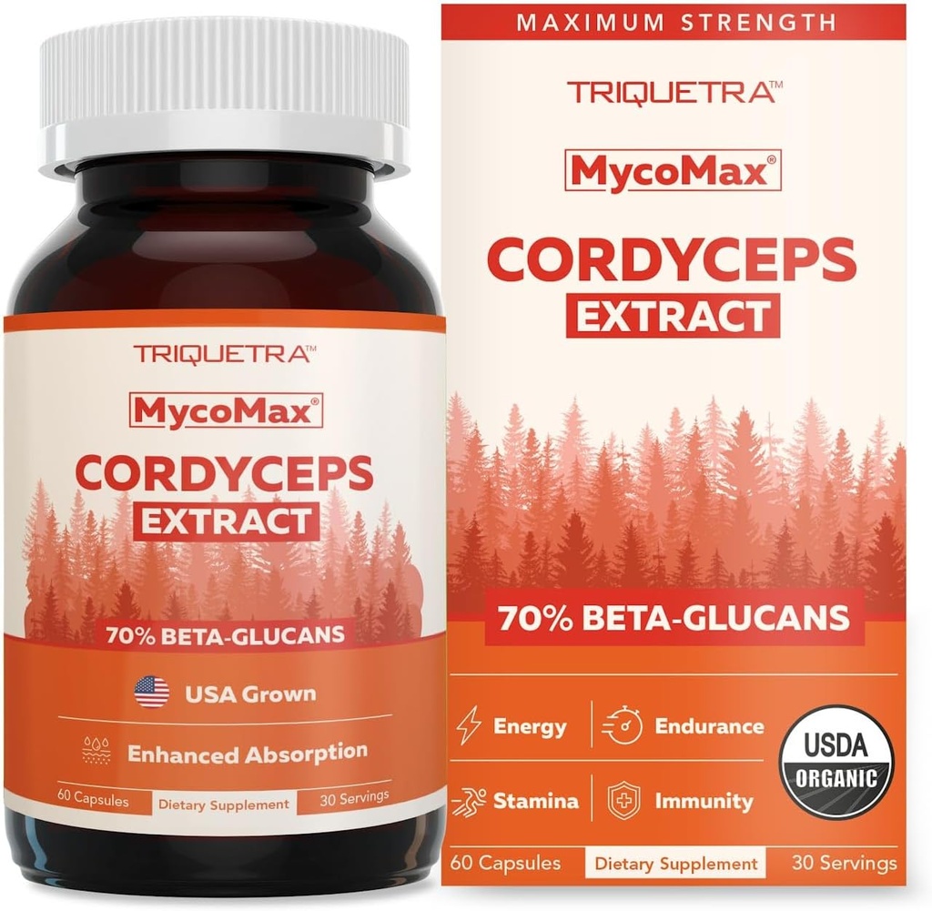 Organic Cordyceps Mushroom Extract - 70% Beta Glucans - Højeste aktive næringsstofniveauer, Max Potency Cordyceps Kapsler, US Grown + Ultrasonic Extraction - Performance, Immunity & Energy - 60 Kapsler