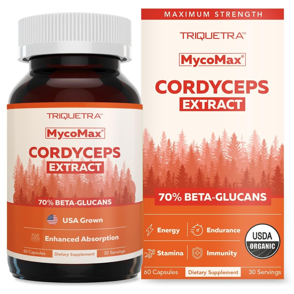 Organic Cordyceps Mushroom Extract - 70% Beta Glucans - Højeste aktive næringsstofniveauer, Max Potency Cordyceps Kapsler, US Grown + Ultrasonic Extraction - Performance, Immunity & Energy - 60 Kapsler