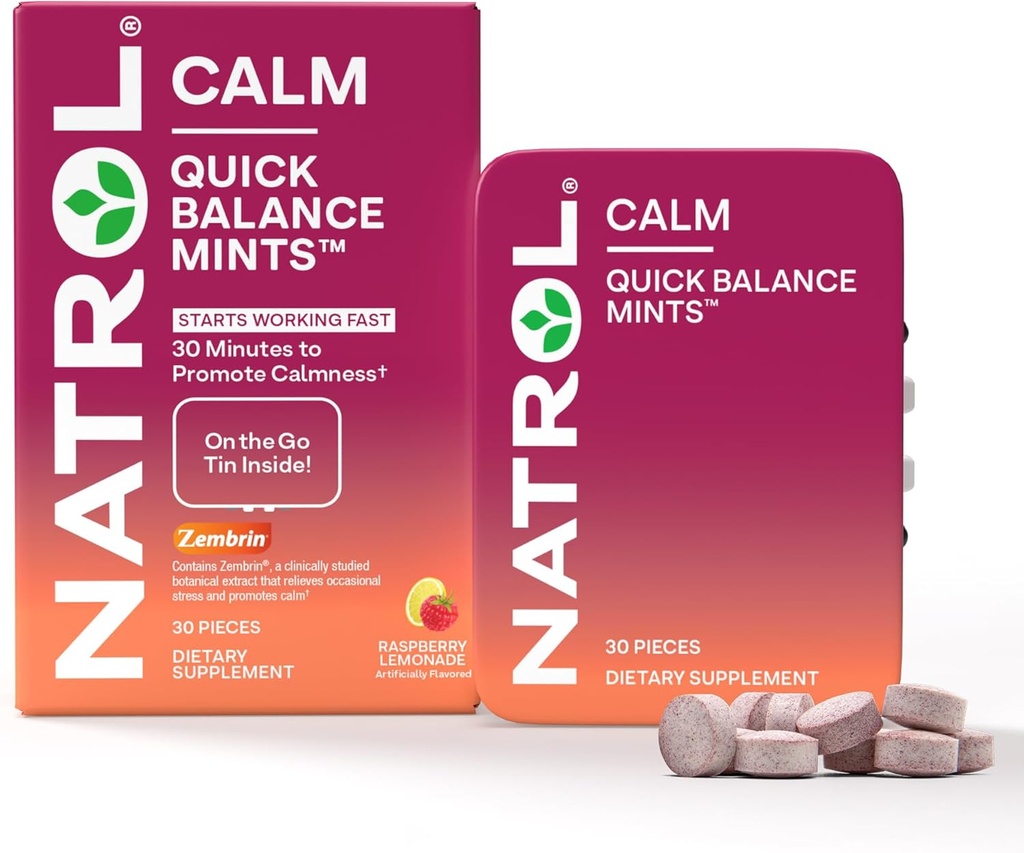 Natrol Quick Balance Calm Mints, Kosttilskud, Raspberry Lemonade Artificielt smag, 30 Greve, 15 dages forsyning