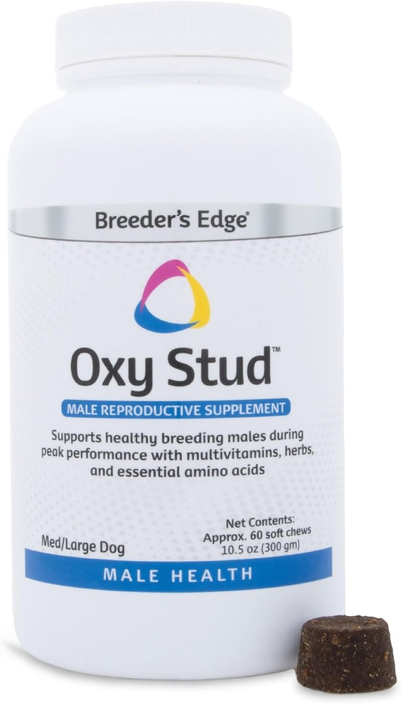 Breeder 's Edge Oxy Stud Soft Chews er designet til mandlige hunde og katte og hjælper støtte avl og ernæringsmæssige behov specifikt til mandlige reproduktive sundhed, 60 ct Medium & Large Dog