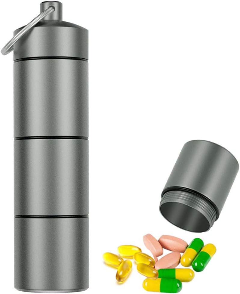 Stor Keychain Pill Holder, EFFIET 3 Compartments Metal Pill Fob Case, Travel Medicine Container for Emergency Pills / Vitamin / Fish Olies / Capsule, Vandtæt til Rejser, Vandreture, Camping (Matt Færdig)