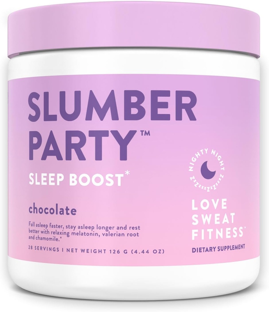Love Sweat Fitness Søvnighed Boost Pulver • 124; Slumber Party Chocolate • 124; Forbedrer søvn, støtter Muscle Recovery • 124; Vegan, Gluten Free, Non- GMO • 124; 28 Serveringer