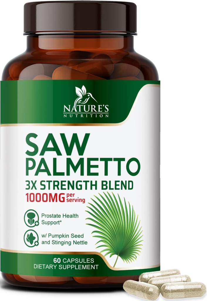 Saw Palmetto for mænd 1000MG - 3X Strength Prostata Health Supplement - Urteudtræk Supplement - Prostata Kosttilskud til mænds sundhedsstøtte, Prostata Urinary & Hår Health Support - 60 kapsler