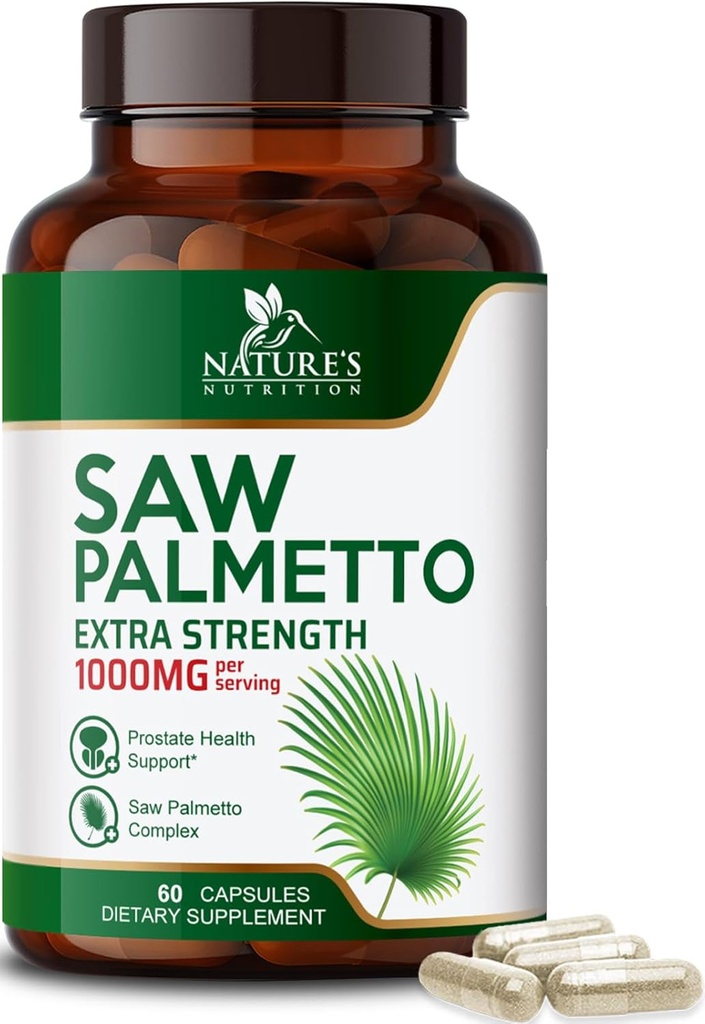 Saw Palmetto for mænd 1000MG - 3X Strength Prostata Health Supplement - Urteudtræk Supplement - Prostata Kosttilskud til mænds sundhedsstøtte, Prostata Urinary & Hår Health Support - 60 kapsler