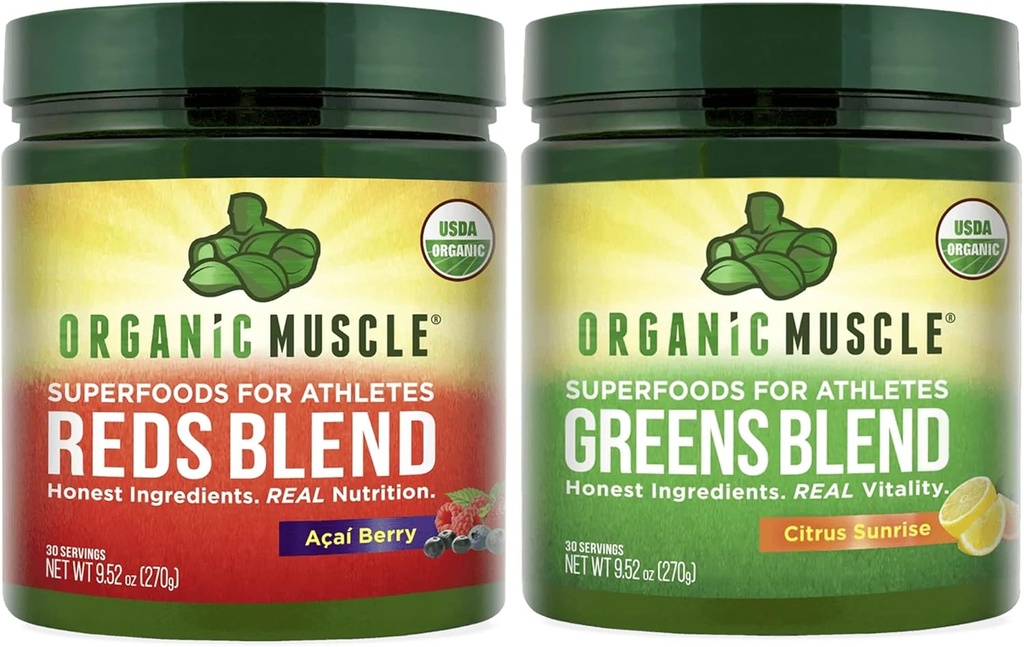 Organic Muscle Vegan Green and Red Superfood Powder - USDA Organic & Plant Based Red Juice & Green Juice Powder Bundle for Energy, Fokus, fordøjelse & immunsystem - Ikke GMO 30 Servering