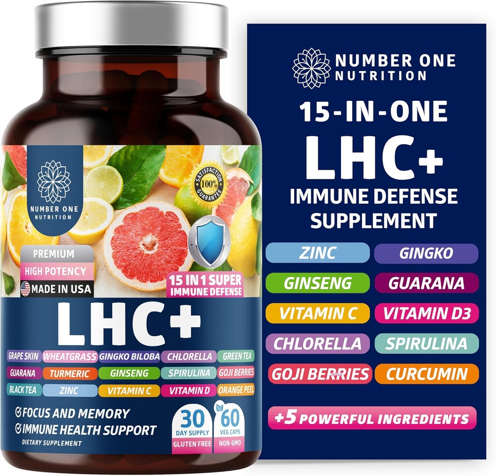 N1N LHC + 15-in-1 immunforsvar supplement med Spirulina, gurkemeje, Ginseng, Guarana, D-vitamin og C-vitamin for Immunitet, energi og Long- Haul Relief, 60 Veg Caps, flaske farve kan Vary