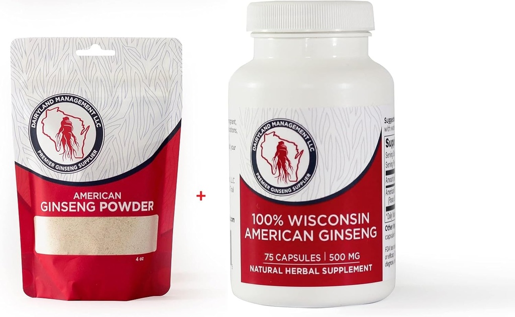 Dairyland American Ginseng Powder 4 oz and Capsules 75 ct Pack of Wisconsin Ginseng - Direkte fra Farmer til Forbruger
