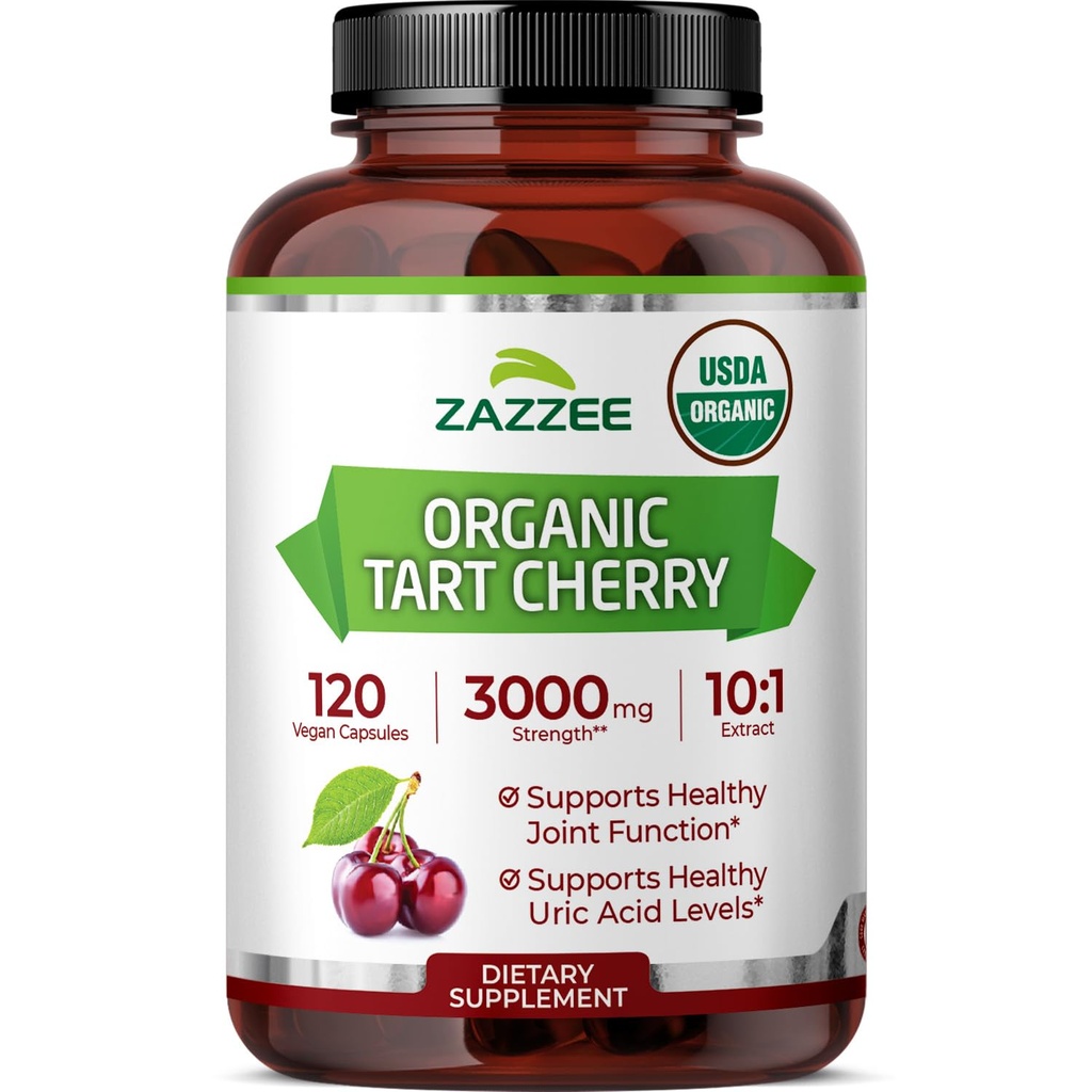 Zazzee USDA Organic Tart Cherry 10: 1 Extract, 3000 mg Strength, 120 Vegankapsler, 4 Måned Supply, Standardiseret, Koncentreret 10X Extract, 100% Vegetar, Certificeret Organisk, All- Natural og Non- GMO