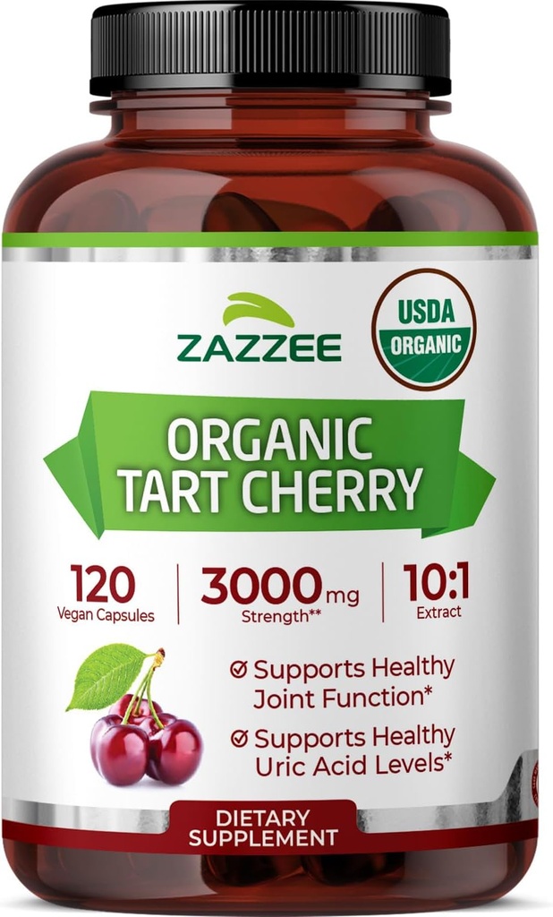 Zazzee USDA Organic Tart Cherry 10: 1 Extract, 3000 mg Strength, 120 Vegankapsler, 4 Måned Supply, Standardiseret, Koncentreret 10X Extract, 100% Vegetar, Certificeret Organisk, All- Natural og Non- GMO