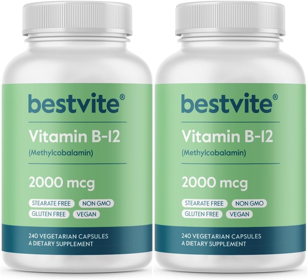 BESTVITE B12-vitamin (methylcobalamin) 2000mcg (480 Vegetariske kapsler) (2 x 240) (methyl B12) - Ingen stearater - Vegan - Non GMO - Gluten Free